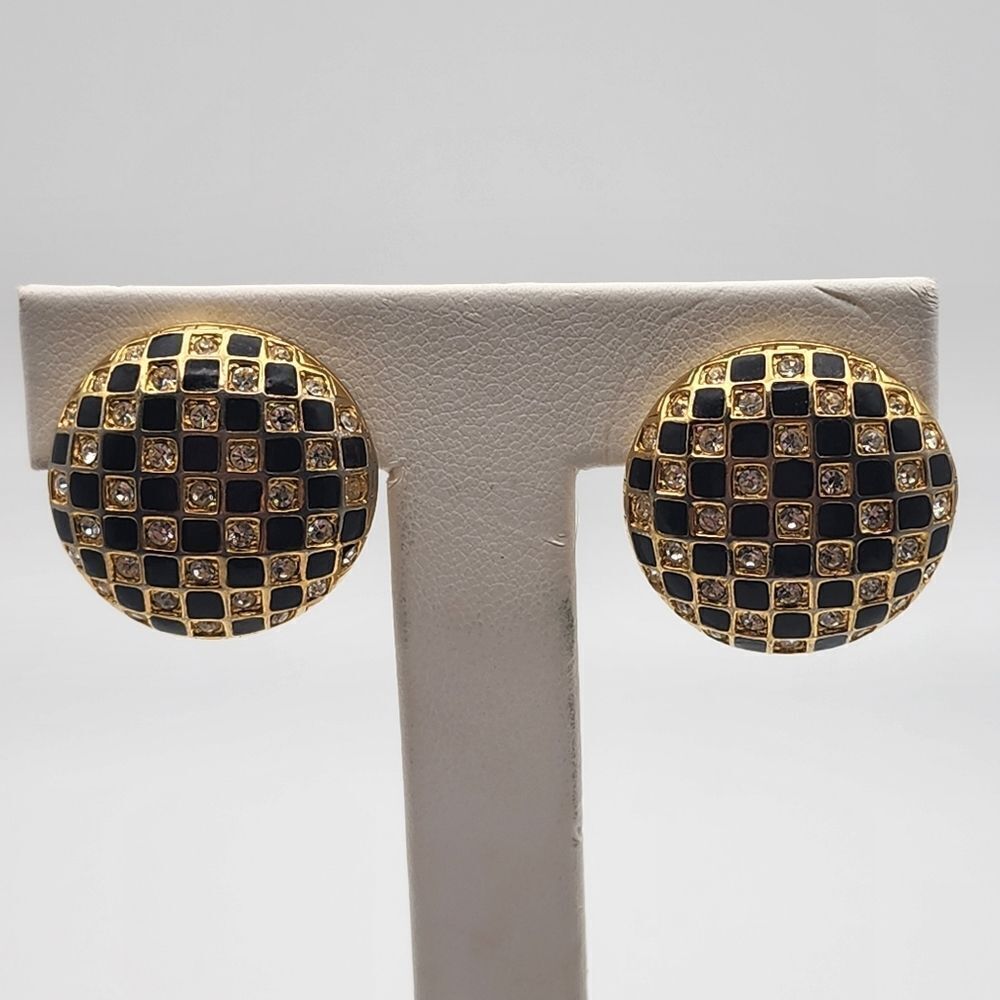 Vintage Carolee Gold Tone, Black Enamel, & Rhinestone Checkered Clip-On Earrings